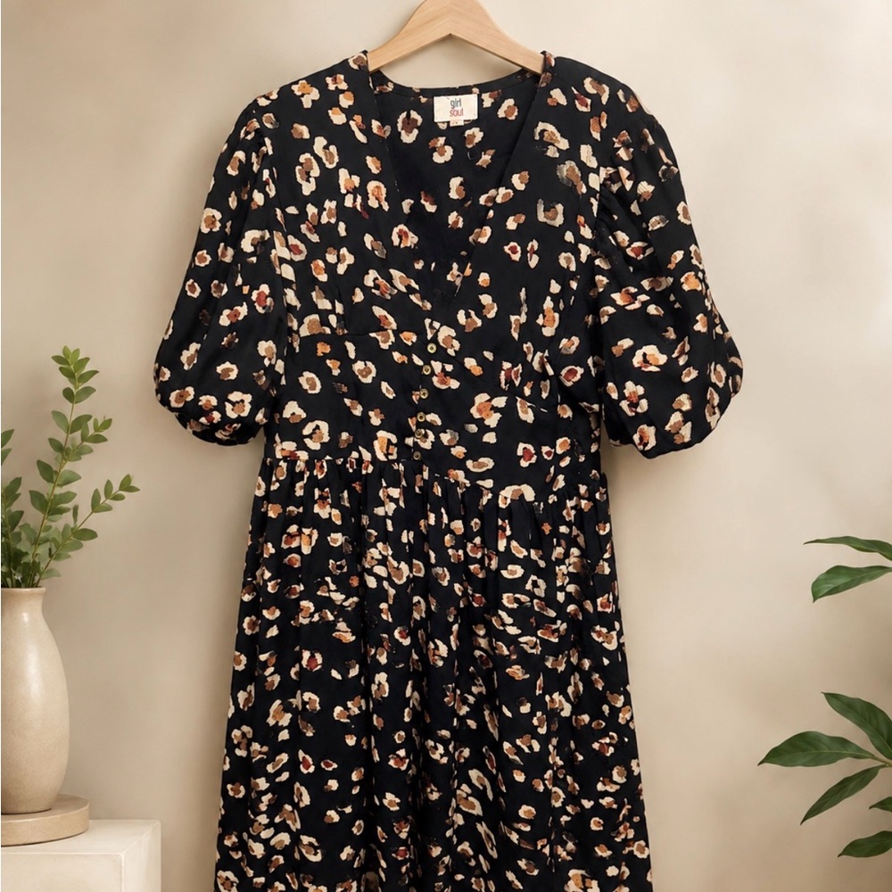 Black Floral Puff-Sleeve Midi Dress with Gathered Waist.